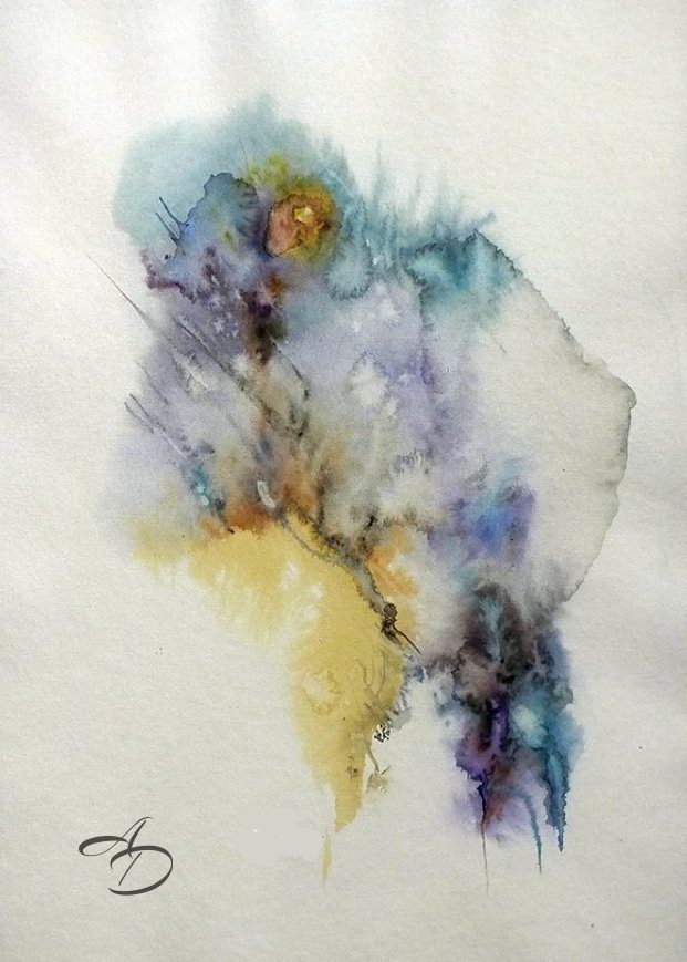 Modern abstract watercolor art featuring fluid textures in pastel yelow, violet and emerald green by artist Anna Darasma, Aquarellissime collection.
