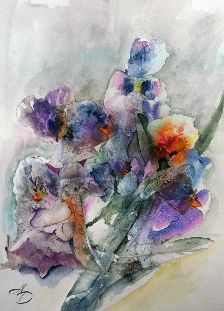 Floral abstract watercolor in vibrant violet, green and orange tones, suggesting blooming irises,by artist Anna Darasma, Aquarellissime collection.