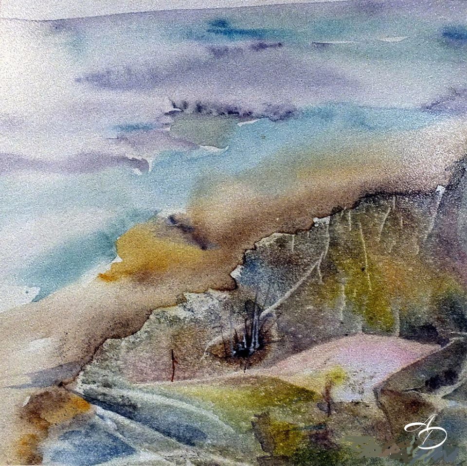 Abstract watercolor landscape art featuring fluid textures in pastel tones of ocher, blue and purple by artist Anna Darasma, Aquarellissime collection.