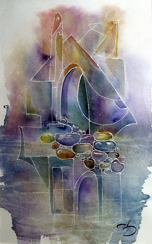 Semi-abstract architectural landscape in watercolor painting by Anna Darasma from the Aquarellissime series.
