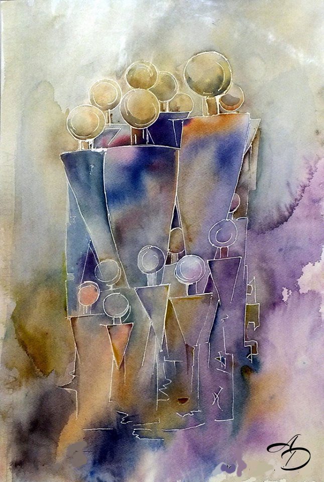 Together for peace, a semi-abstract watercolor painting by Anna Darasma from the Aquarellissime series.