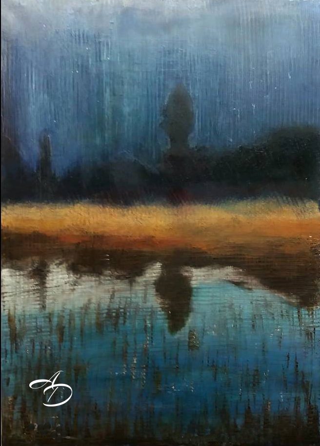 Nocturnal on the lake, oil painting by Anna Darasma from the Essenza botanica series.