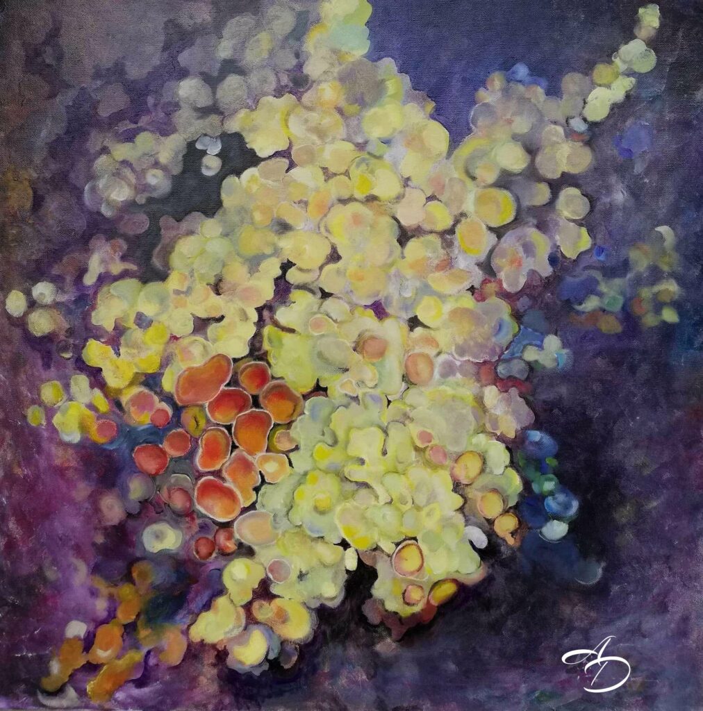 Yellow lichen, oil painting by Anna Darasma from the Essenza botanica series.
