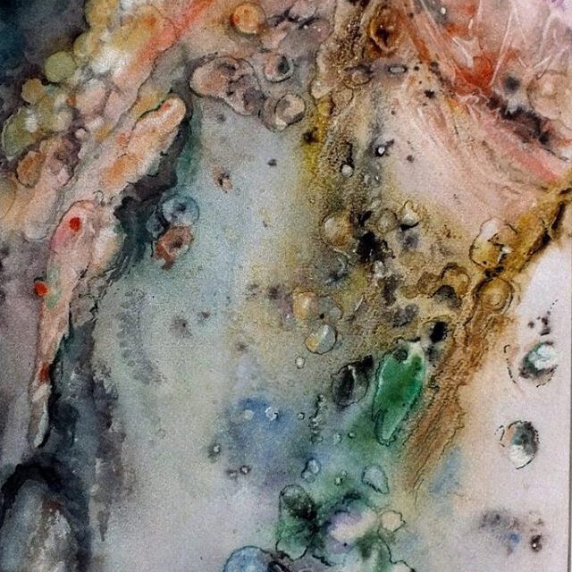 Original abstract watercolor by Anna Darasma with granular textures in green, orange, and blue, suggesting organic cellular or lichen-like shapes.