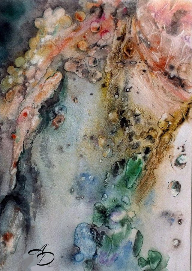 Original abstract watercolor by Anna Darasma with granular textures in green, orange, and blue, suggesting organic cellular or lichen-like shapes.