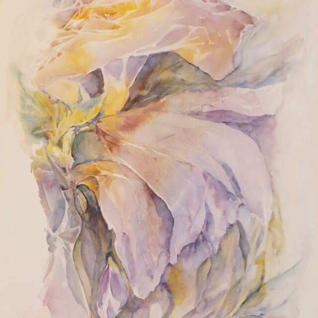Original abstract watercolor painting of a large delicate flower in pale pink, amber, and lavender tones with a luminous, ethereal feel by Anna Darasma.