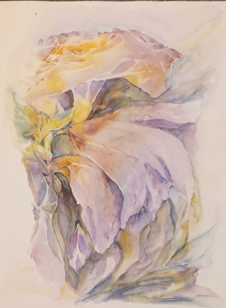 Original abstract watercolor painting of a large delicate flower in pale pink, amber, and lavender tones with a luminous, ethereal feel by Anna Darasma.