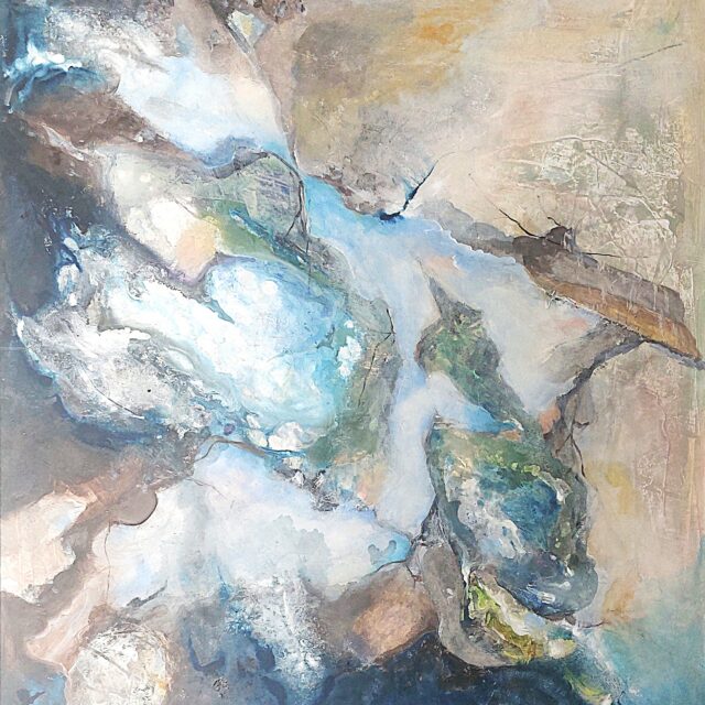 Large abstract acrylic painting on canvas by Anna Darasma, featuring textured white and light blue shapes representing sea foam and crashing waves against sandy neutral tones.