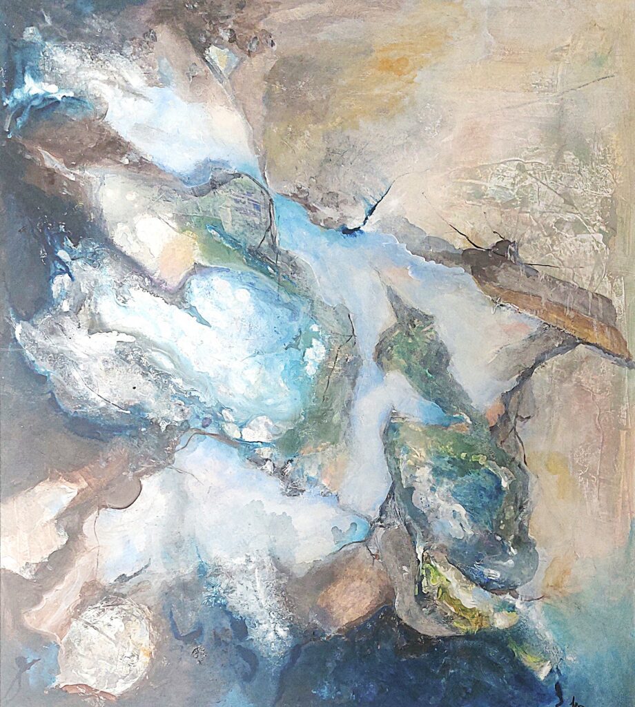 Large abstract acrylic painting on canvas by Anna Darasma, featuring textured white and light blue shapes representing sea foam and crashing waves against sandy neutral tones.