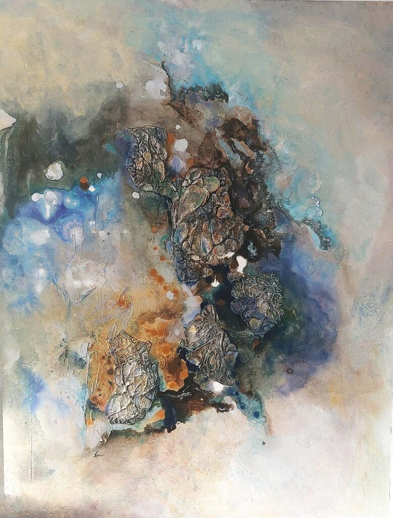 Original mixed media abstract painting by Anna Darasma depicting a cosmic nebula with dark, textured mineral shapes floating in a luminous field of blue, white, and earthy gold.