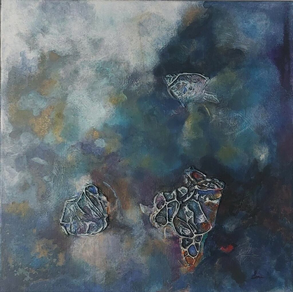 Original mixed media abstract painting by Anna Darasma featuring three-dimensional blue and gray organic shapes floating in a misty indigo and white background.