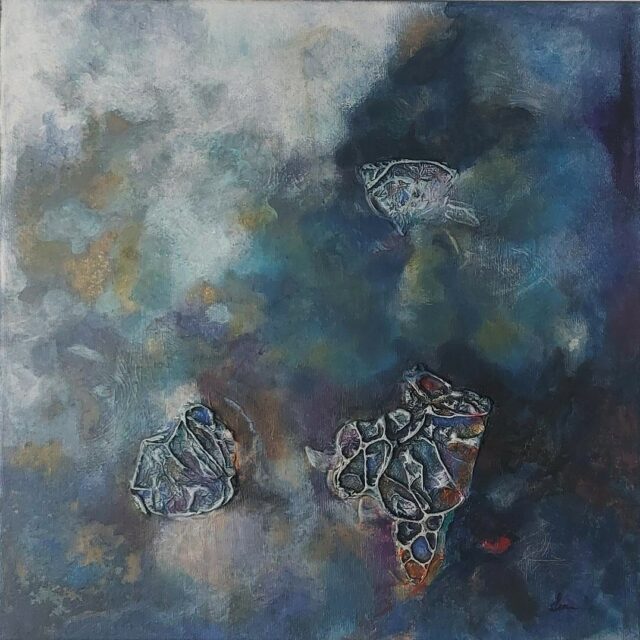 Original mixed media abstract painting by Anna Darasma featuring three-dimensional blue and gray organic shapes floating in a misty indigo and white background.