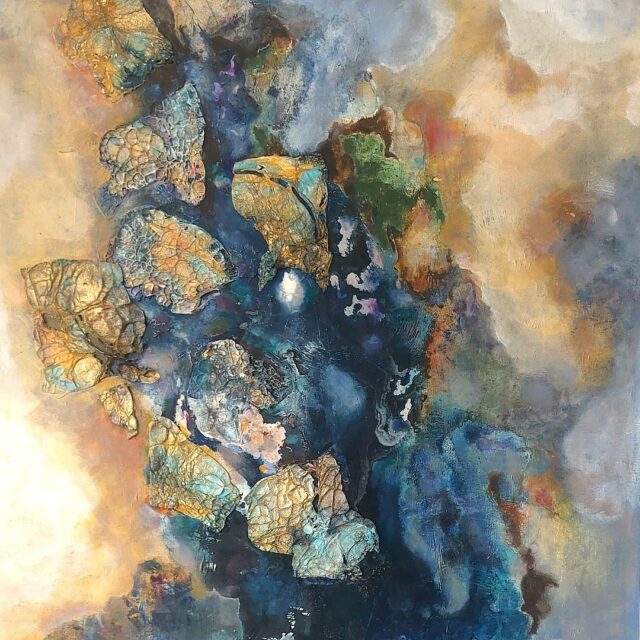 Original mixed media painting titled Nebula II by Anna Darasma, featuring raised, textured shapes in gold and turquoise floating on a dark indigo and misty gold background.