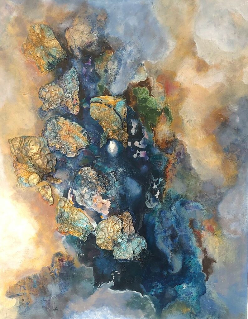 Original mixed media painting titled Nebula II by Anna Darasma, featuring raised, textured shapes in gold and turquoise floating on a dark indigo and misty gold background.