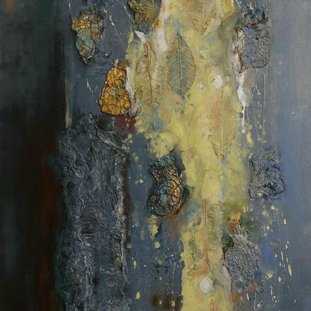 Original mixed media painting by Anna Darasma titled Invizible, featuring raised textures of withered yellow leaves floating in a dark, vertical pond with deep blue and gray tones.