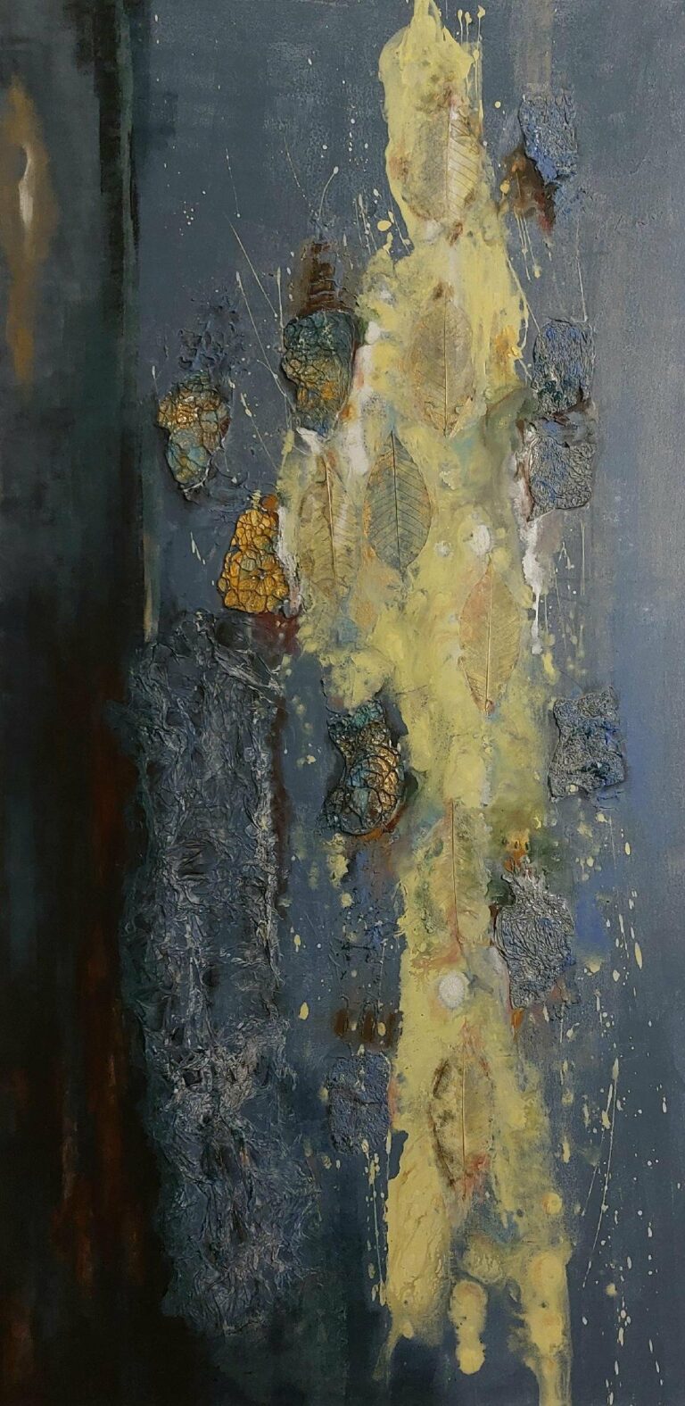 Original mixed media painting by Anna Darasma titled Invizible, featuring raised textures of withered yellow leaves floating in a dark, vertical pond with deep blue and gray tones.