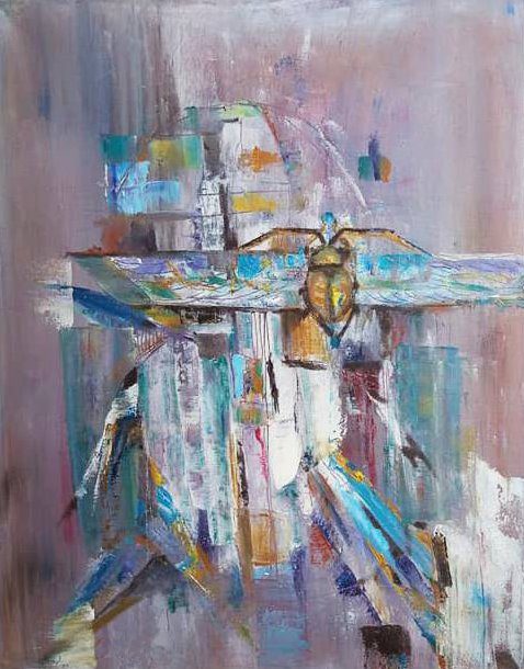 Abstract oil painting on canvas by Anna Darasma titled Beetle, depicting a golden Egyptian scarab centered amidst geometric shapes and textures in turquoise, purple, and white.