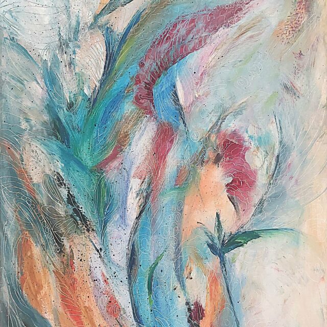 Vibrant abstract oil painting titled Joy by Anna Darasma, featuring energetic swirls of teal, pink, and orange over a light background with delicate white linework.