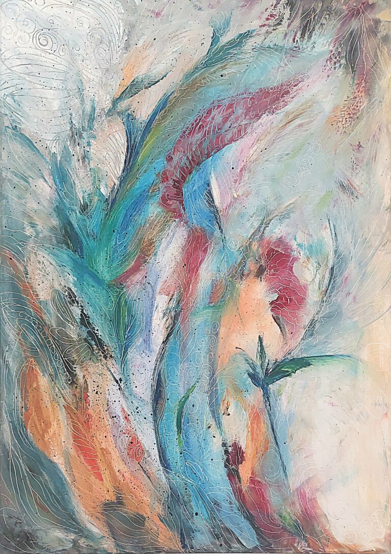 Vibrant abstract oil painting titled Joy by Anna Darasma, featuring energetic swirls of teal, pink, and orange over a light background with delicate white linework.